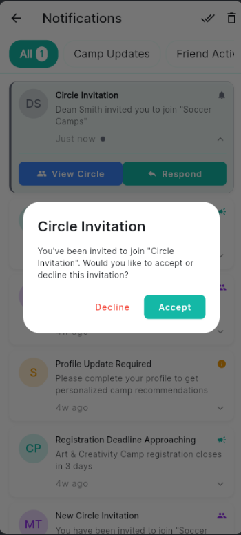 Circle Invitation dialog with Accept and Decline buttons